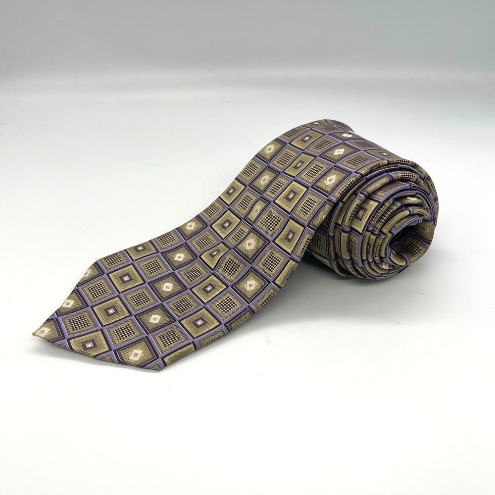 Roberto Villini Couture Necktie 100% Silk Tie Tan Gray Lavender Squares 57”x 4”